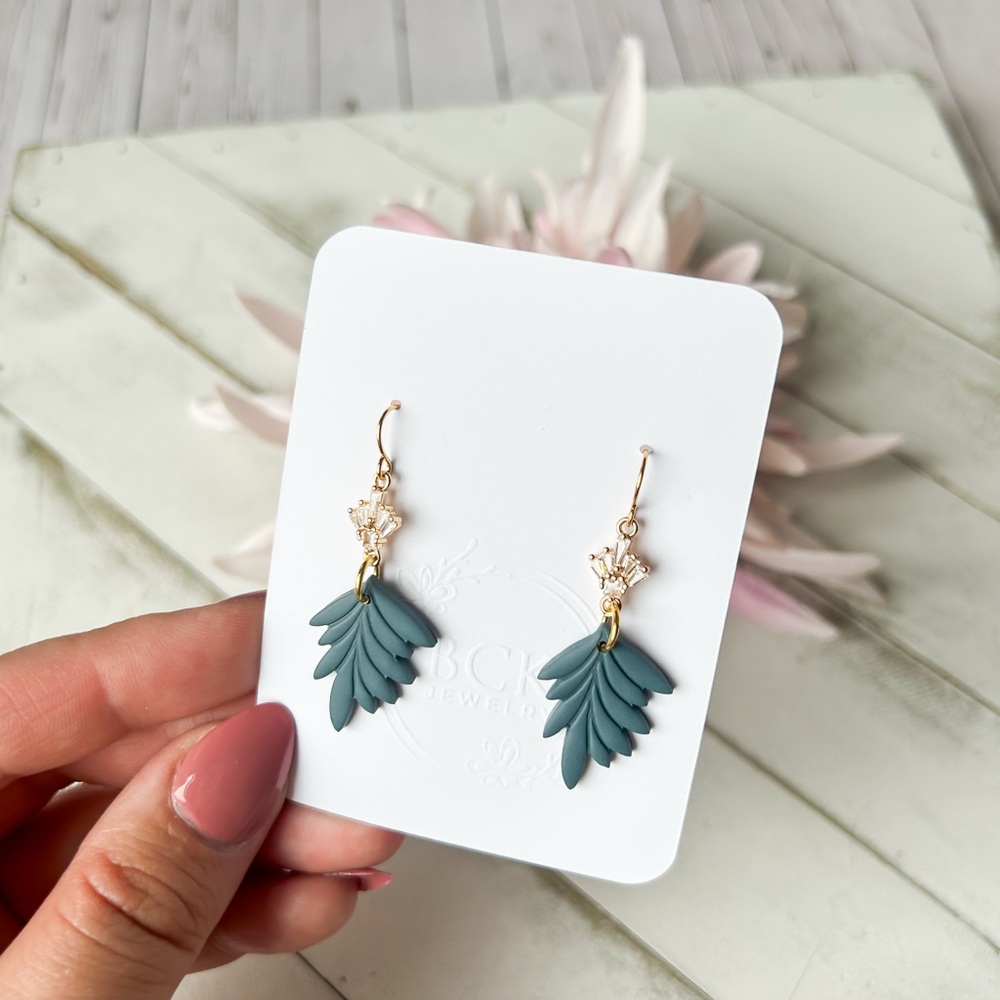 Chic Polymer Clay Gold and Teal Leaf Earrings, handmade in Canada